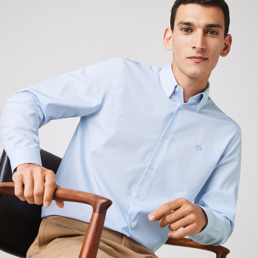 Camisas Branco Azuis Masculino Lacoste Regular Fit Checkered Premium Cotton Poplin AE9-37423D5