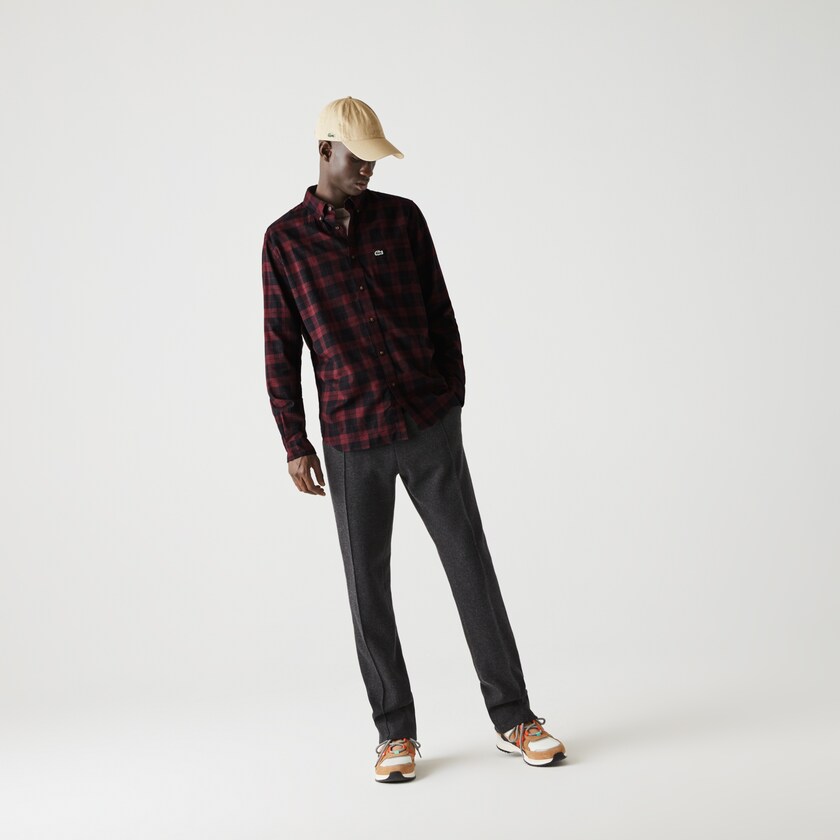 Camisas Pretas Bordeaux Masculino Lacoste Regular Fit Cotton Twill Checkered WE7-55425J2