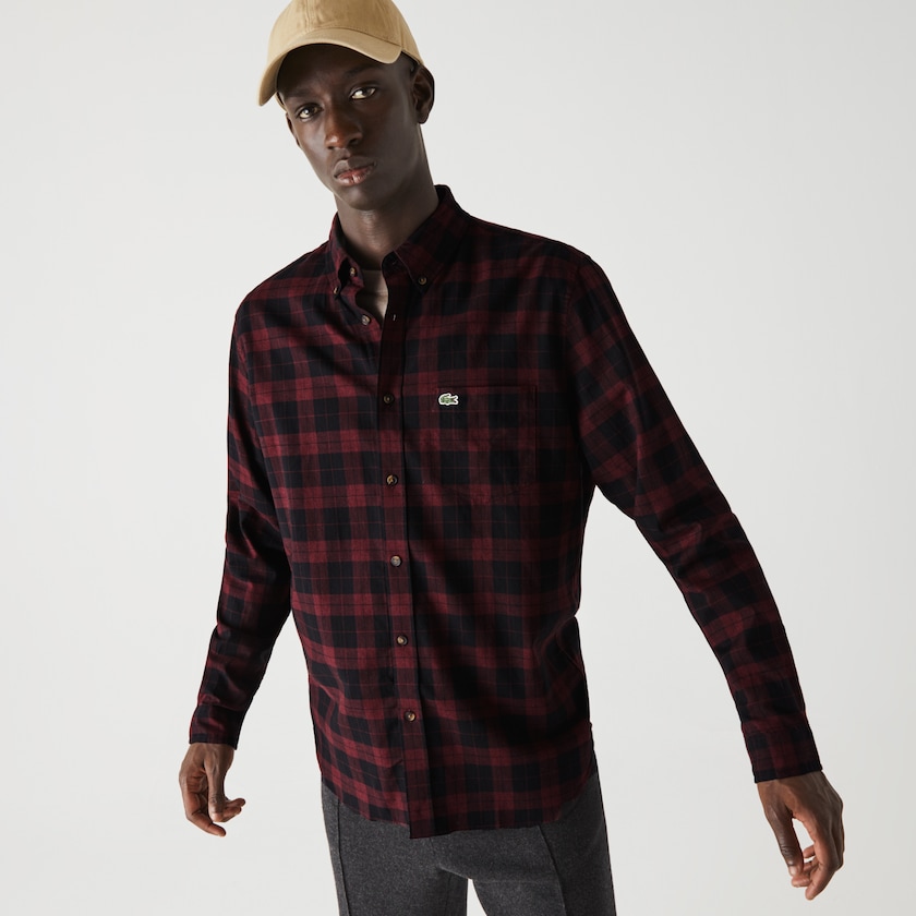 Camisas Pretas Bordeaux Masculino Lacoste Regular Fit Cotton Twill Checkered WE7-55425J2