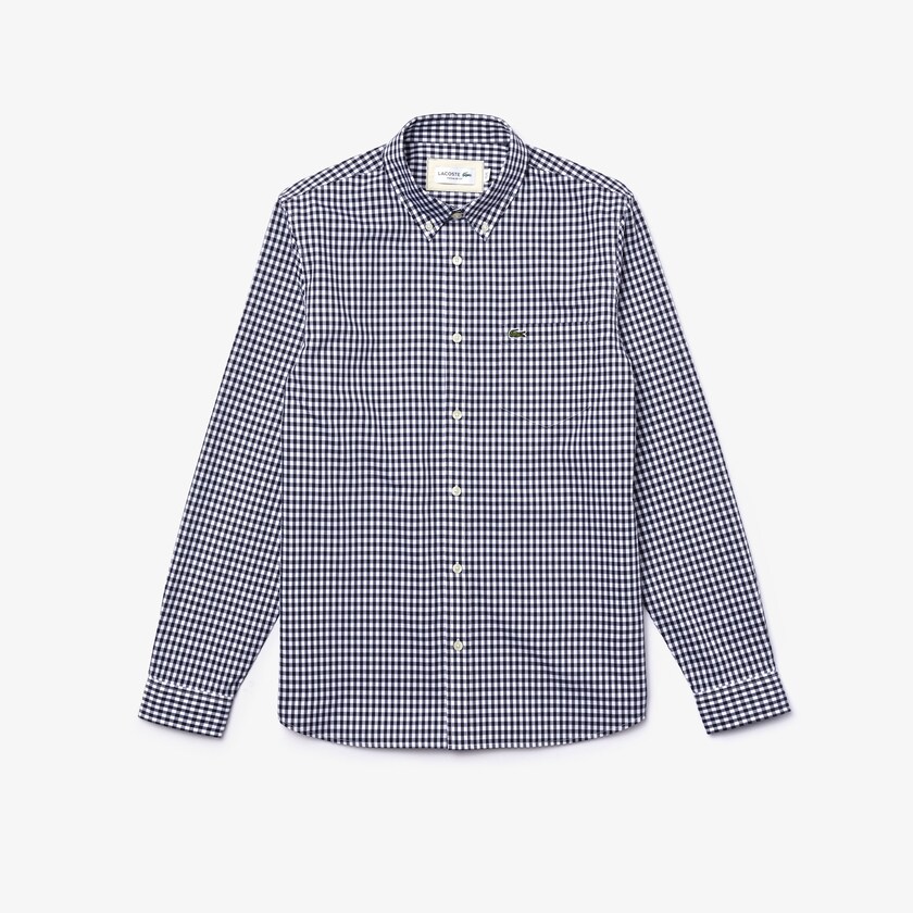 Camisas Branco Azul Marinho Azuis Masculino Lacoste Regular Fit Gingham Cotton Poplin JS0-10361B1