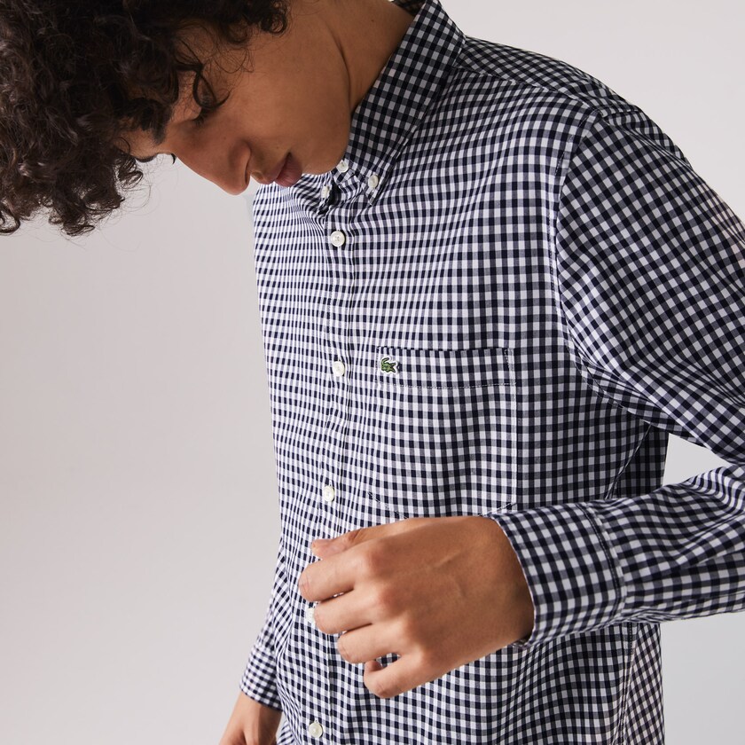 Camisas Branco Azul Marinho Azuis Masculino Lacoste Regular Fit Gingham Cotton Poplin JS0-10361B1