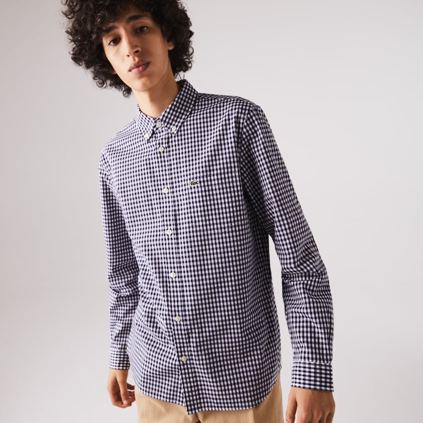 Camisas Branco Azul Marinho Azuis Masculino Lacoste Regular Fit Gingham Cotton Poplin JS0-10361B1