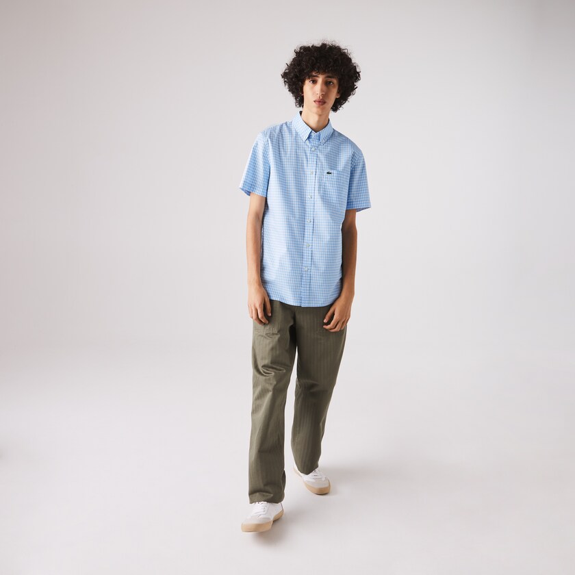Camisas Branco Azuis Masculino Lacoste Regular Fit Gingham Poplin US9-18781C5