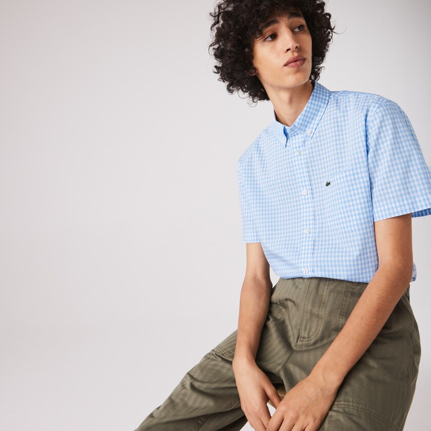 Camisas Branco Azuis Masculino Lacoste Regular Fit Gingham Poplin US9-18781C5