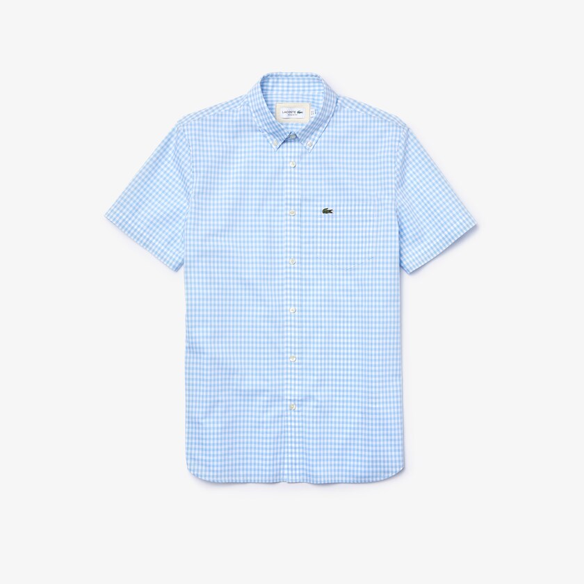 Camisas Branco Azuis Masculino Lacoste Regular Fit Gingham Poplin US9-18781C5