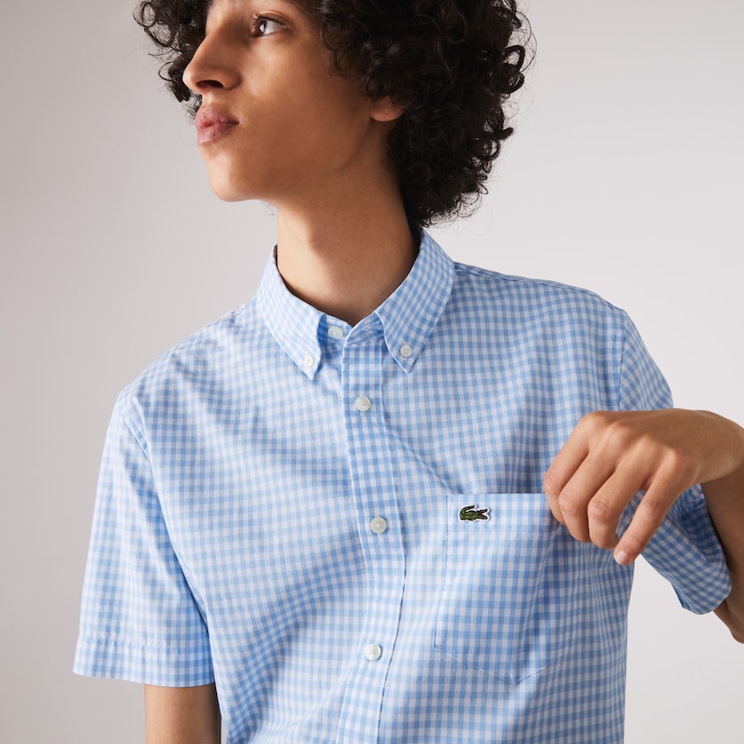Camisas Branco Azuis Masculino Lacoste Regular Fit Gingham Poplin US9-18781C5