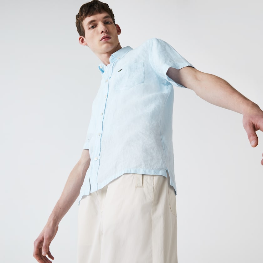 Camisas Luz Azuis Masculino Lacoste Regular Fit Linen PT6-32693C1