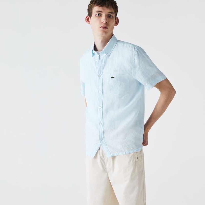 Camisas Luz Azuis Masculino Lacoste Regular Fit Linen PT6-32693C1