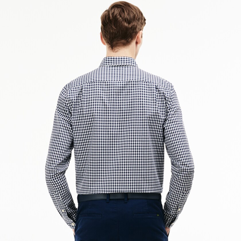 Camisas Azul Marinho Azuis Branco Masculino Lacoste Regular Fit Mini Check Poplin KR3-35053N8