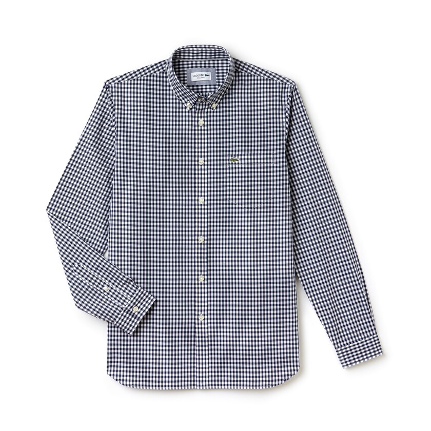 Camisas Azul Marinho Azuis Branco Masculino Lacoste Regular Fit Mini Check Poplin KR3-35053N8