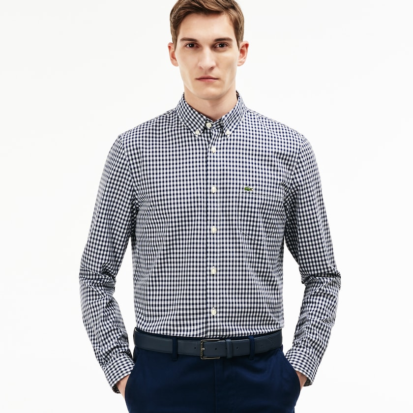Camisas Azul Marinho Azuis Branco Masculino Lacoste Regular Fit Mini Check Poplin KR3-35053N8