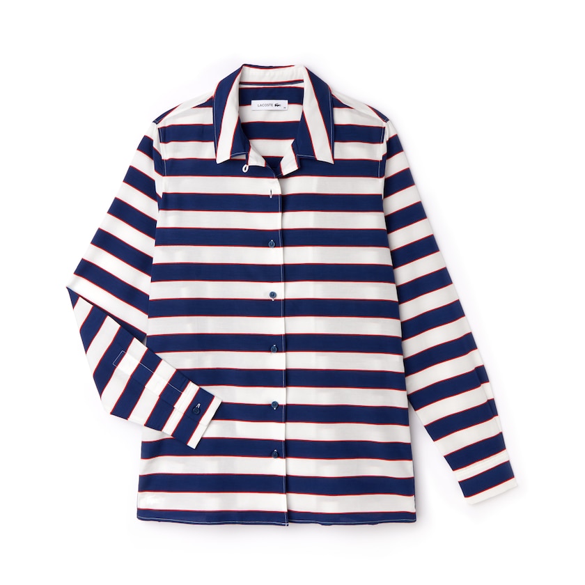 Camisas Branco Azul Marinho Azuis Vermelhas Feminino Lacoste Regular Fit Striped Cotton & Silk Voile EG7-73497I2