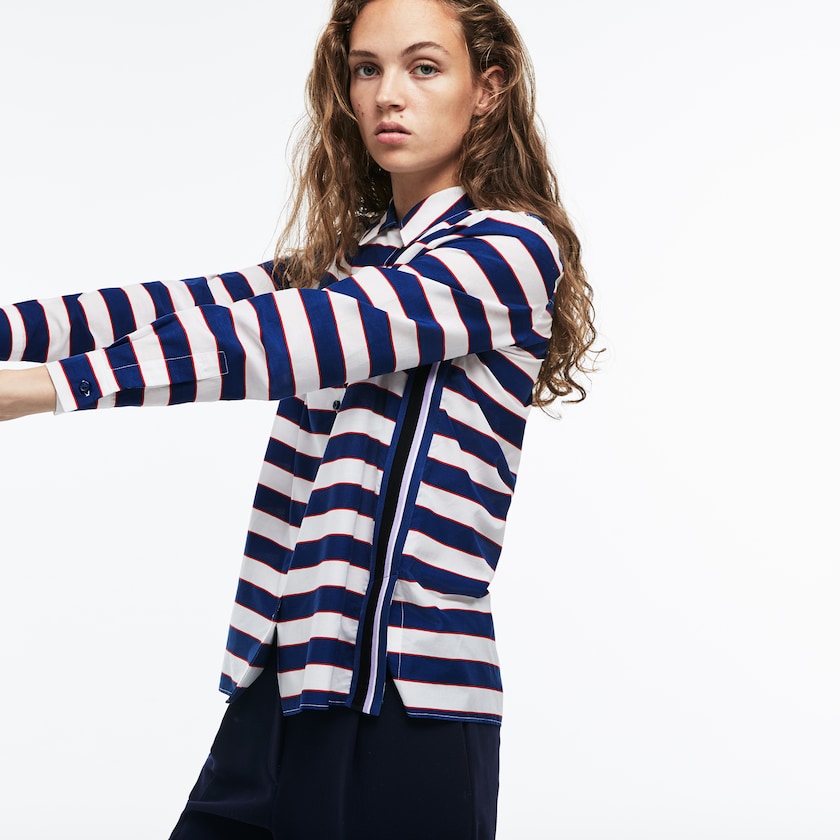 Camisas Branco Azul Marinho Azuis Vermelhas Feminino Lacoste Regular Fit Striped Cotton & Silk Voile EG7-73497I2