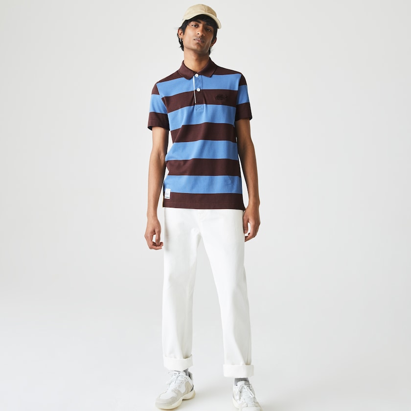 Camisas Marrom Azuis Masculino Lacoste Regular Fit Striped Cotton Piqué Polo YY9-51375P0