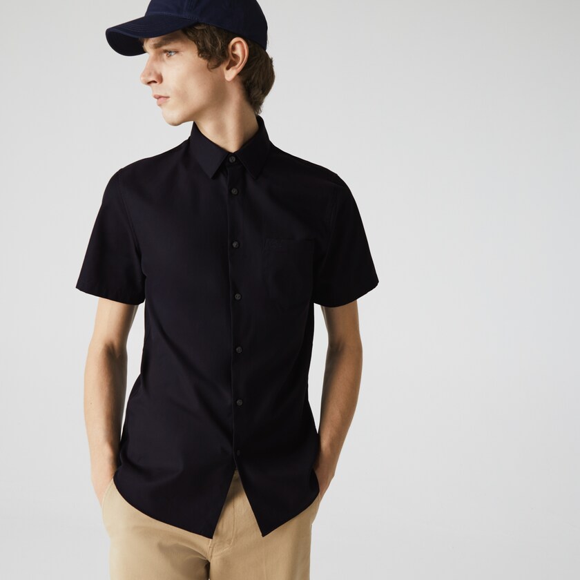 Camisas Azul Marinho Azuis Masculino Lacoste Regular Fit Textured Cotton Poplin GC7-99299U6