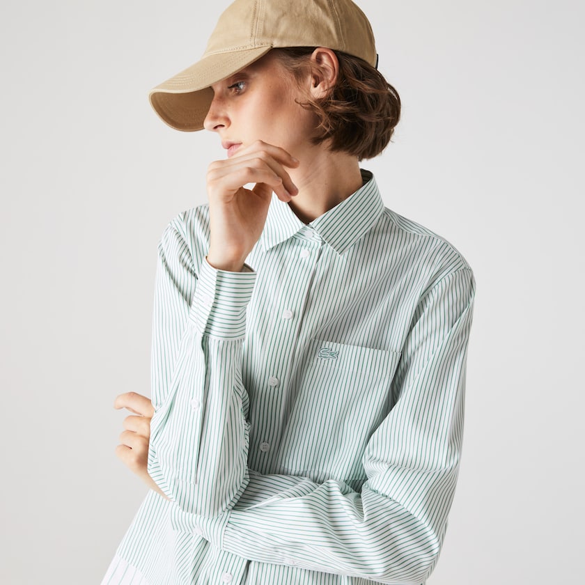 Camisas Branco Verdes Feminino Lacoste Regular Fit Trompe-L'œil Cotton Poplin OP0-62176O0