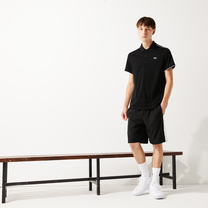 Camisas Pretas Branco Masculino Lacoste SPORT Contrast Piping Breathable Piqué Polo WV6-73697Q0