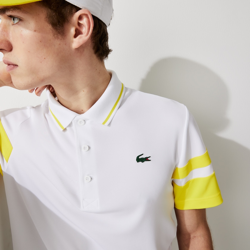 Camisas Branco Amarelas Masculino Lacoste SPORT Striped-Sleeve Breathable Piqué Tennis Polo FK8-41044L7