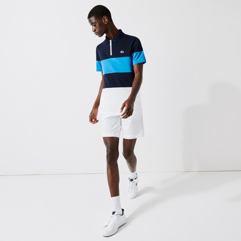 Camisas Azul Marinho Azuis Azuis Branco Masculino Lacoste SPORT Striped Stretch Piqué Zip-Up Golf Polo EV5-55495D3