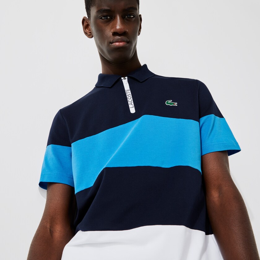 Camisas Azul Marinho Azuis Azuis Branco Masculino Lacoste SPORT Striped Stretch Piqué Zip-Up Golf Polo EV5-55495D3