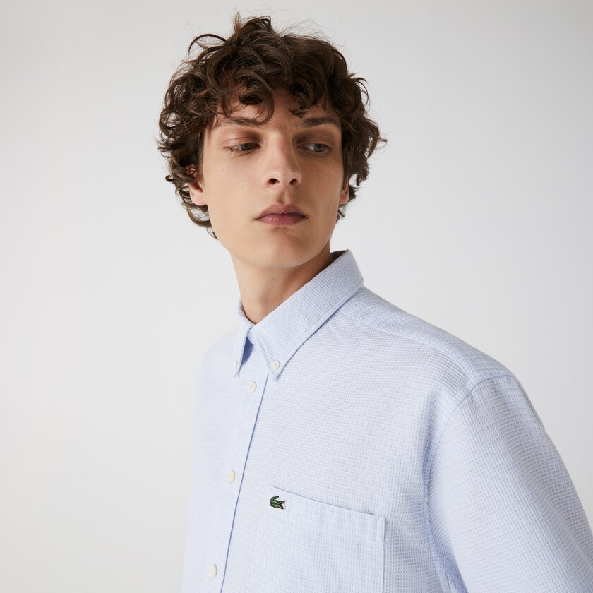 Camisas Luz Azuis Branco Masculino Lacoste Short-Sleeved Lightweight Cotton HH4-70007L9