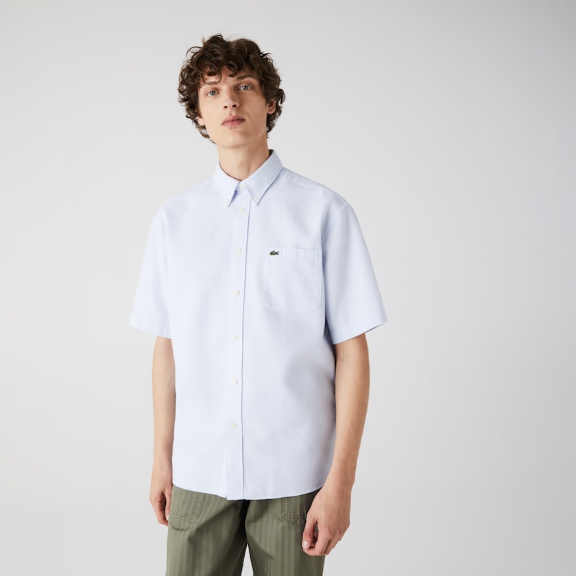 Camisas Luz Azuis Branco Masculino Lacoste Short-Sleeved Lightweight Cotton HH4-70007L9