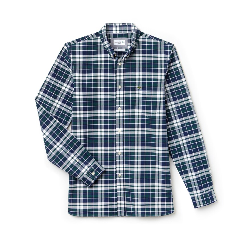 Camisas Verdes Masculino Lacoste Slim Fit Check Stretch Oxford Cotton GN6-38883R9