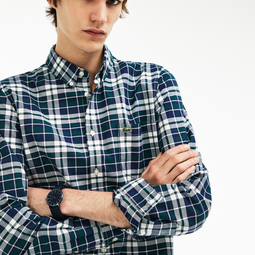 Camisas Verdes Masculino Lacoste Slim Fit Check Stretch Oxford Cotton GN6-38883R9
