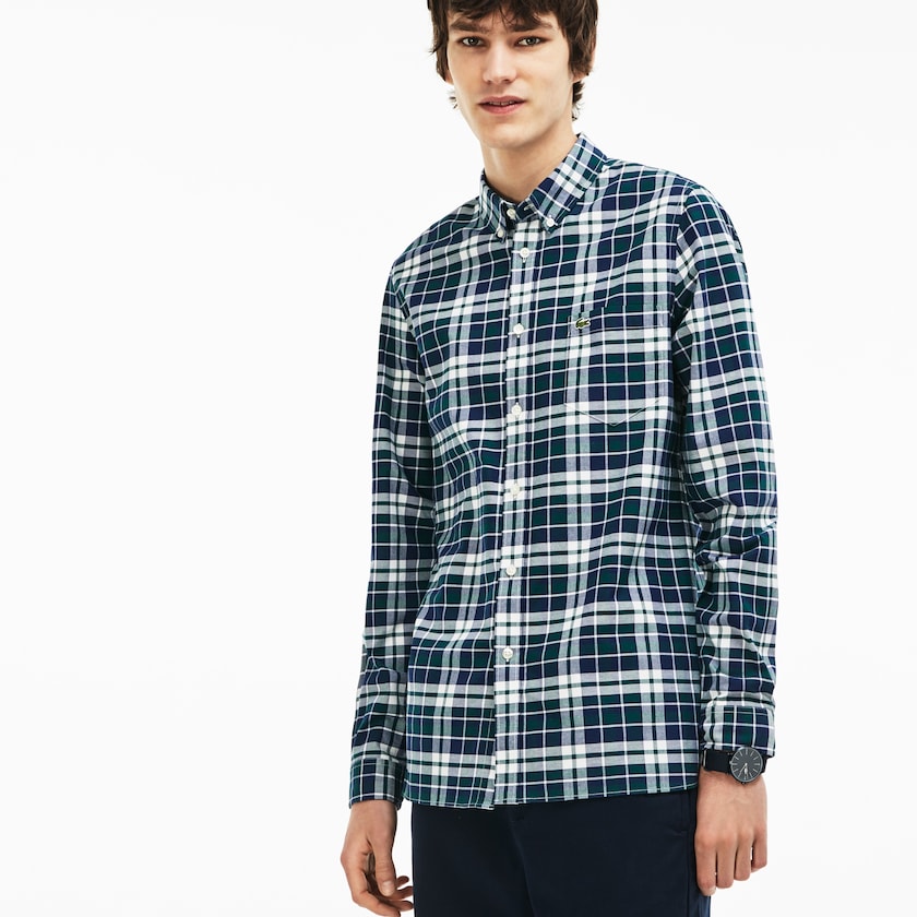 Camisas Verdes Masculino Lacoste Slim Fit Check Stretch Oxford Cotton GN6-38883R9