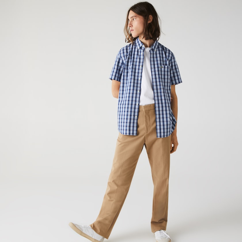 Camisas Azuis Branco Azuis Masculino Lacoste Slim Fit Checked Poplin RA8-88018Y7