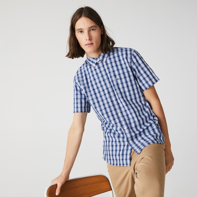 Camisas Azuis Branco Azuis Masculino Lacoste Slim Fit Checked Poplin RA8-88018Y7