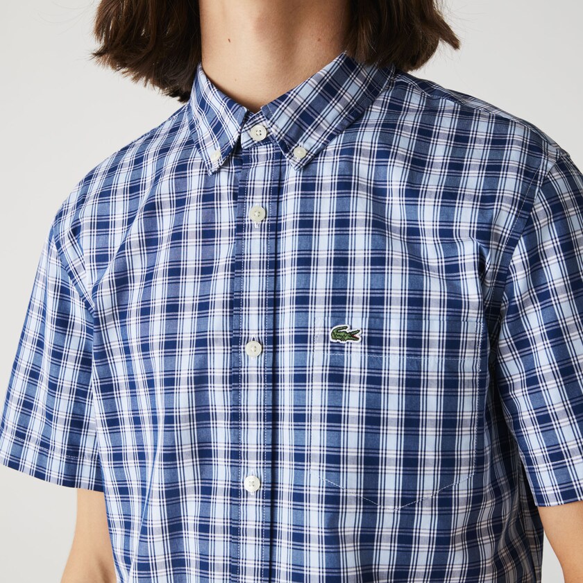 Camisas Azuis Branco Azuis Masculino Lacoste Slim Fit Checked Poplin RA8-88018Y7