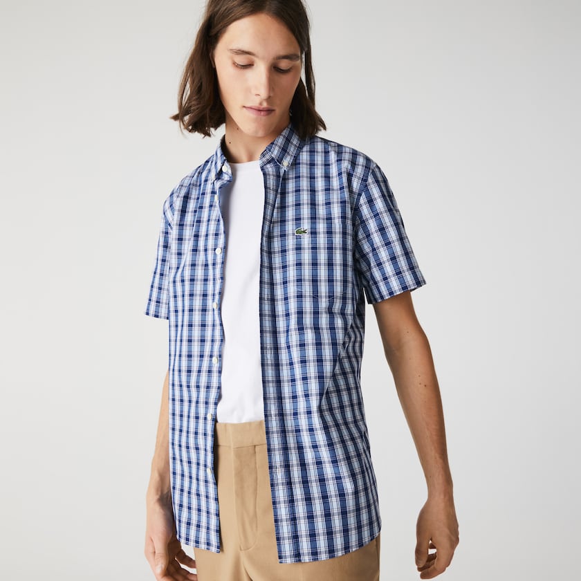 Camisas Azuis Branco Azuis Masculino Lacoste Slim Fit Checked Poplin RA8-88018Y7