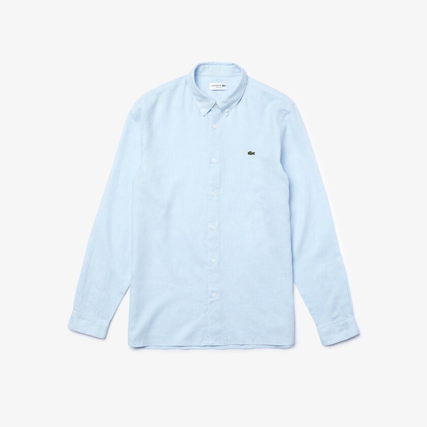 Camisas Azuis Branco Masculino Lacoste Slim Fit Chevron Linen And Cotton RZ3-99169Q3