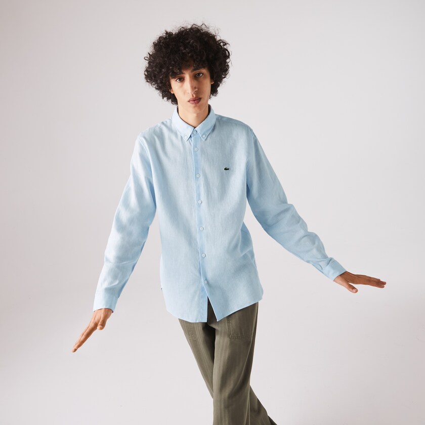Camisas Azuis Branco Masculino Lacoste Slim Fit Chevron Linen And Cotton RZ3-99169Q3