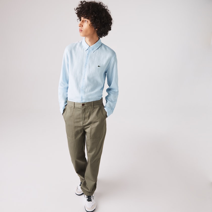 Camisas Azuis Branco Masculino Lacoste Slim Fit Chevron Linen And Cotton RZ3-99169Q3