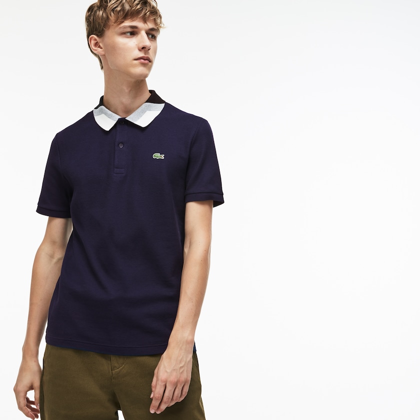 Camisas Azul Marinho Azuis Masculino Lacoste Slim Fit Colourblock Striped Knop Piqué Polo NZ2-72597T7