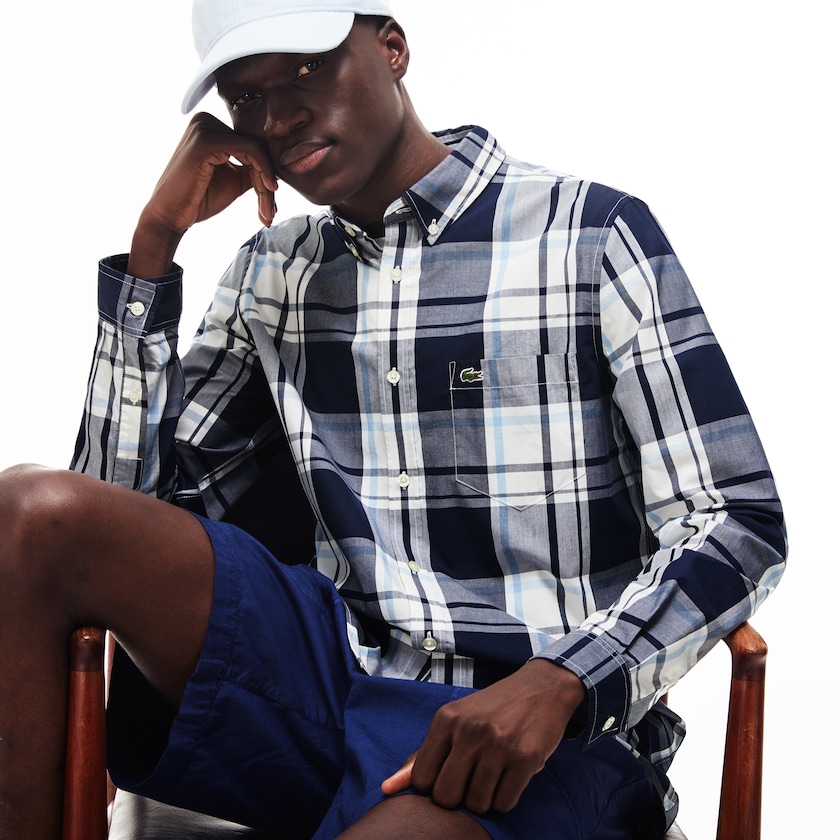Camisas Azul Marinho Azuis Branco Masculino Lacoste Slim Fit Cotton Poplin JI1-80918P3