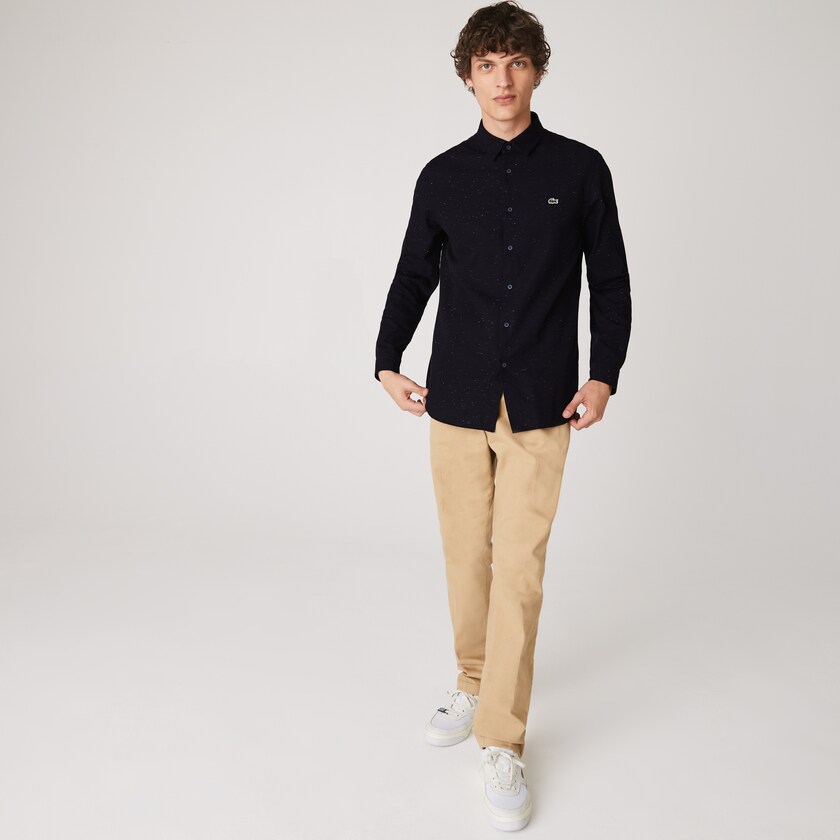 Camisas Azul Marinho Azuis Branco Masculino Lacoste Slim Fit Flamed Cotton TC3-84368A8