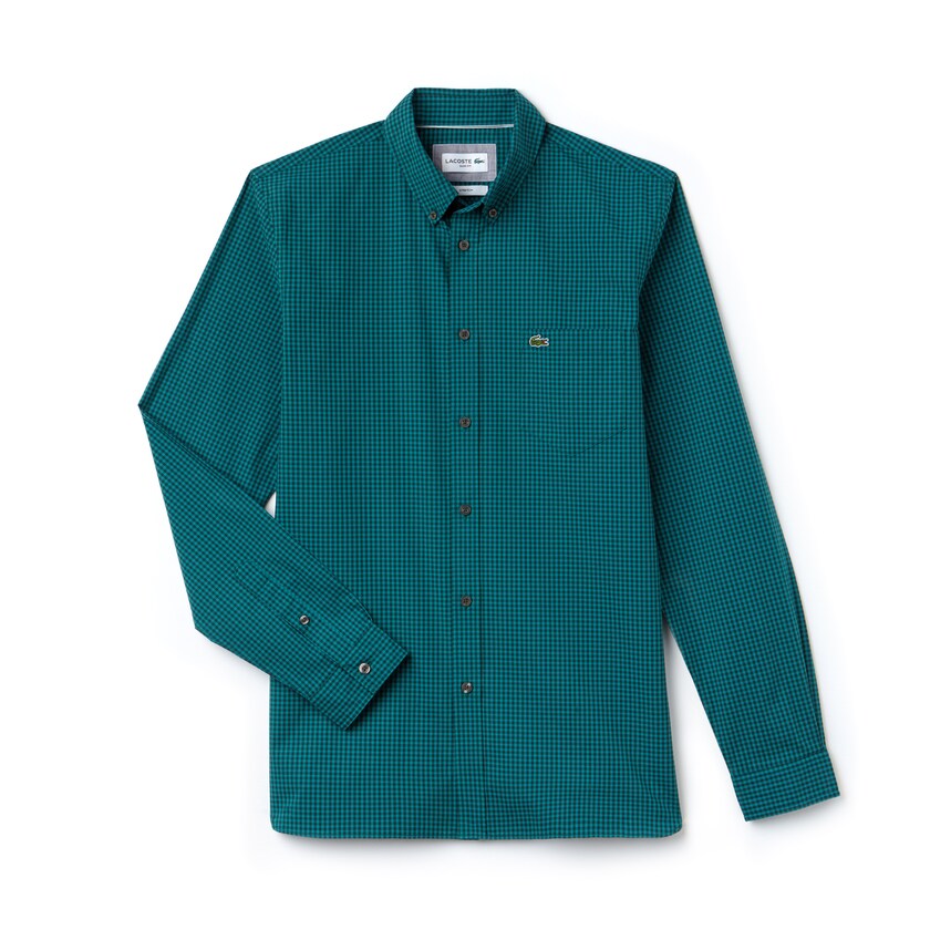 Camisas Verdes Masculino Lacoste Slim Fit Gingham Stretch Cotton Poplin RO8-31363M8
