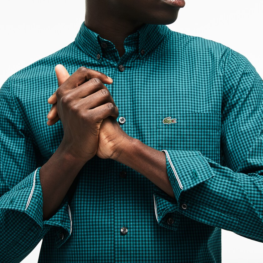 Camisas Verdes Masculino Lacoste Slim Fit Gingham Stretch Cotton Poplin RO8-31363M8