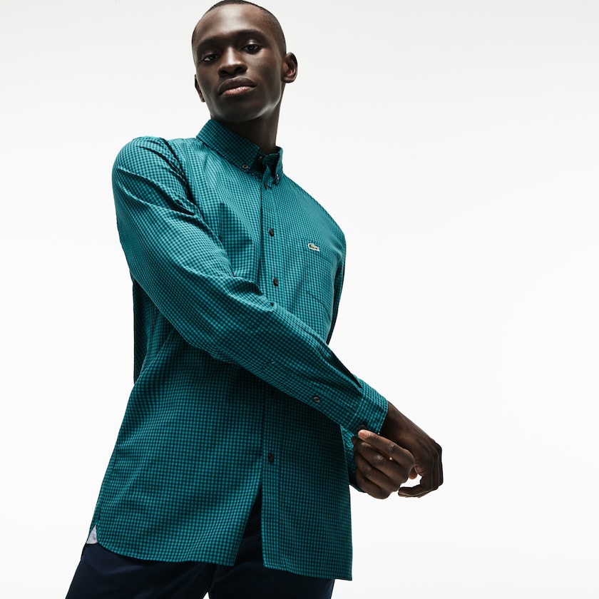 Camisas Verdes Masculino Lacoste Slim Fit Gingham Stretch Cotton Poplin RO8-31363M8