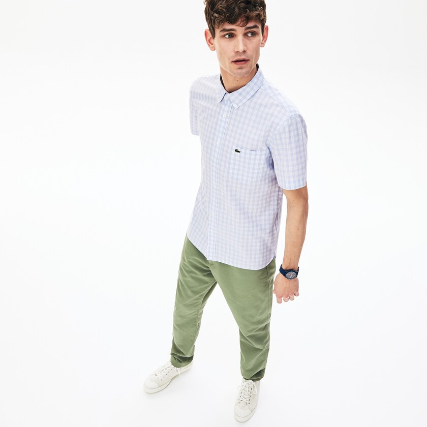 Camisas Branco Luz Azuis Masculino Lacoste Slim Fit Short-Sleeve Wool SB1-89078A4