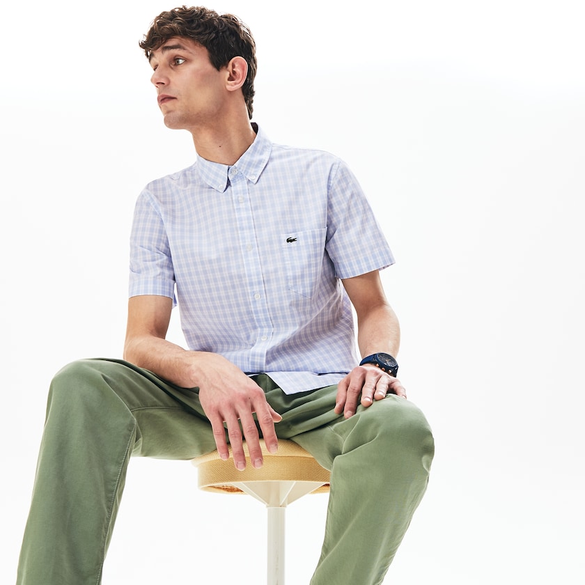 Camisas Branco Luz Azuis Masculino Lacoste Slim Fit Short-Sleeve Wool SB1-89078A4