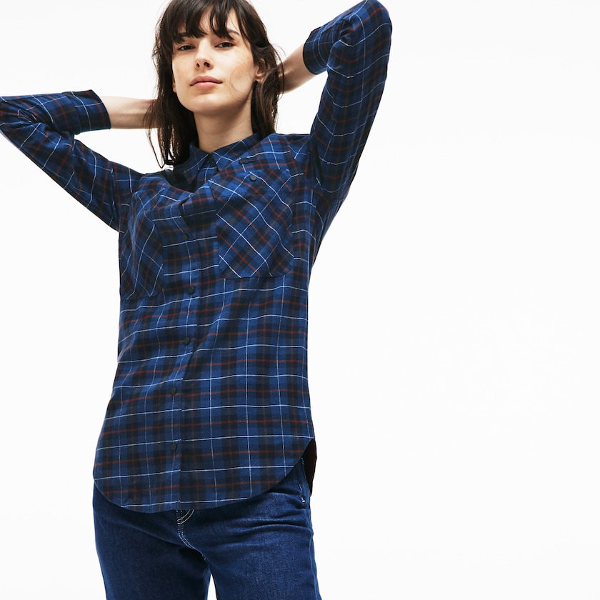 Camisas Azul Marinho Azuis Azuis Feminino Lacoste Slim Fit Stretch Check Cotton Canvas DQ0-18551K6
