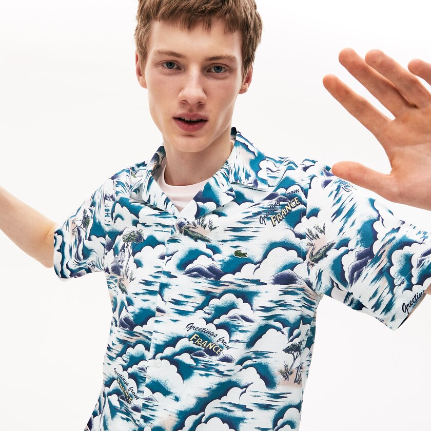 Camisas Azuis Luz Rosa Branco Masculino Lacoste Southern France Print Cotton Hawaiian Fit NO5-52555E8