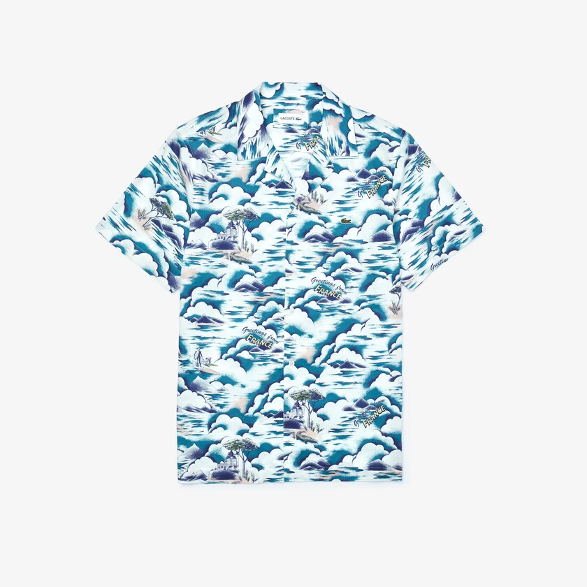 Camisas Azuis Luz Rosa Branco Masculino Lacoste Southern France Print Cotton Hawaiian Fit NO5-52555E8