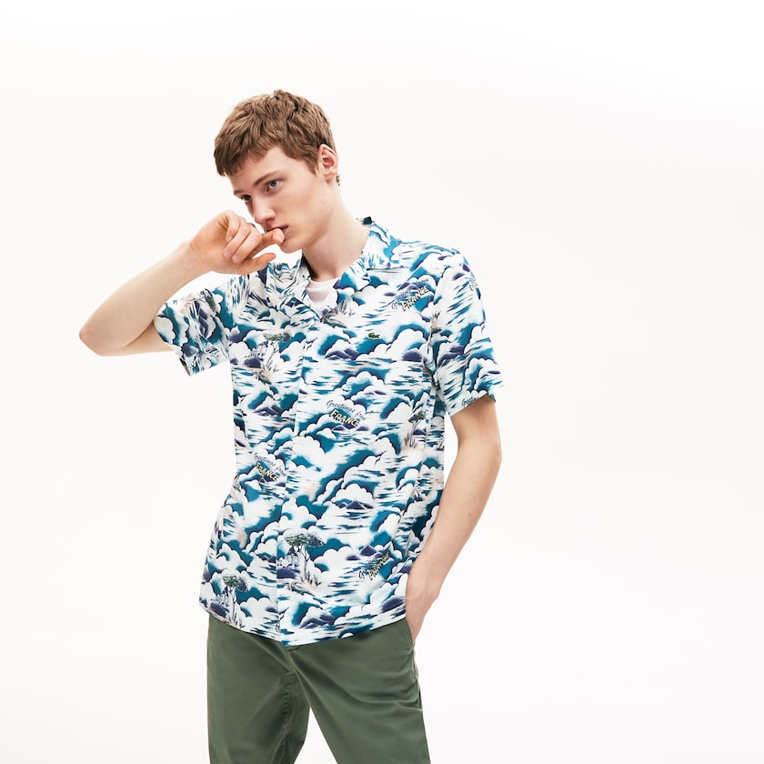 Camisas Azuis Luz Rosa Branco Masculino Lacoste Southern France Print Cotton Hawaiian Fit NO5-52555E8
