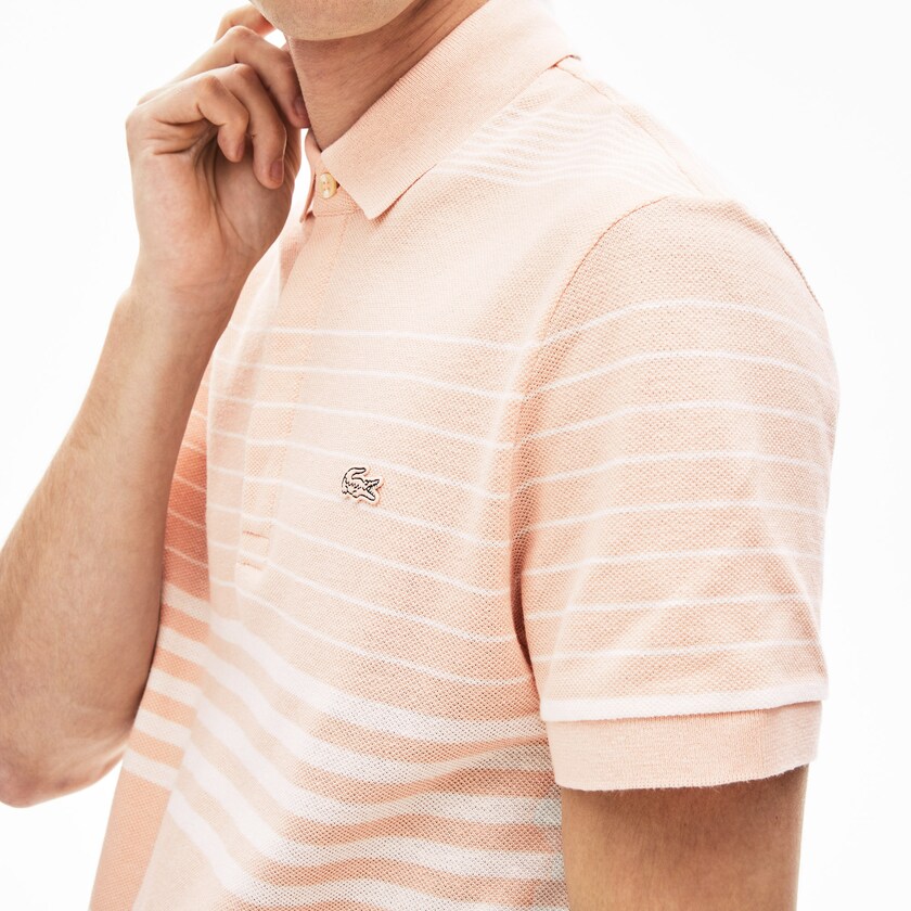 Camisas Luz Rosa Branco Masculino Lacoste Striped Linen And Cotton Regular Fit Polo TQ1-53895B8