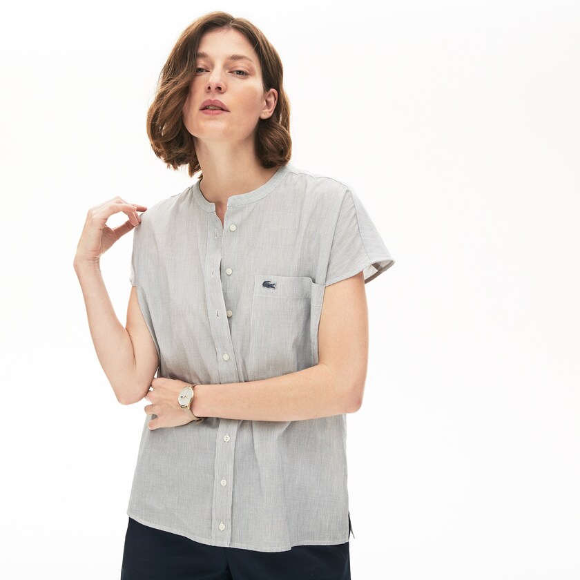 Camisas Branco Azul Marinho Azuis Feminino Lacoste Striped Linen And Cotton Blend DI9-58685E3
